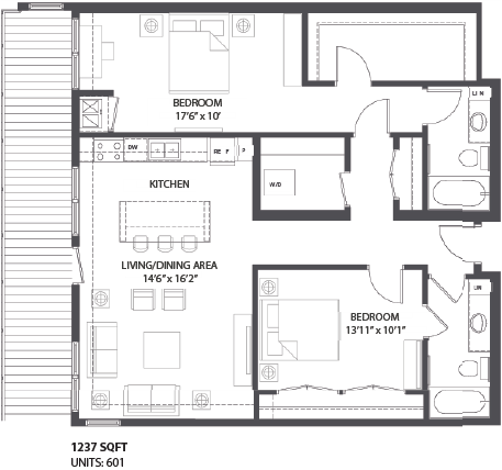 Floor plan for 2 beds, 2 baths, 1237 sqft